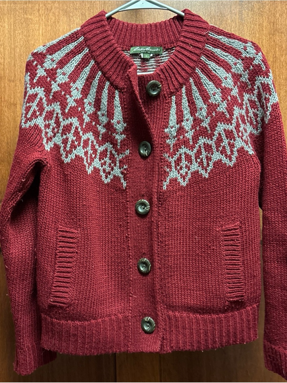 Eddie Bauer Women's Red and Gray Nordic Button-Up Cardigan small